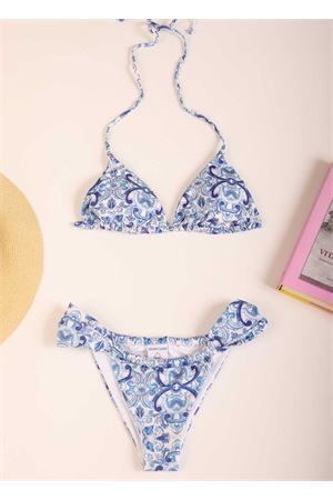 Bikini triangolo con fantasia maioliche azzurre Aram Capri | ACBK059AZZURRO